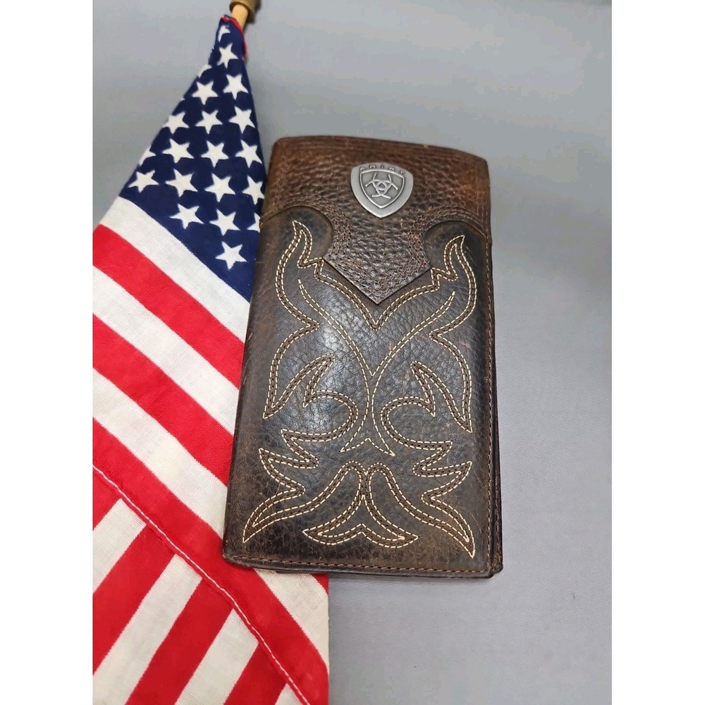 Ariat Rodeo Boot Stitch Wallet Dark Brown Leather Metal Logo Cowboy Country